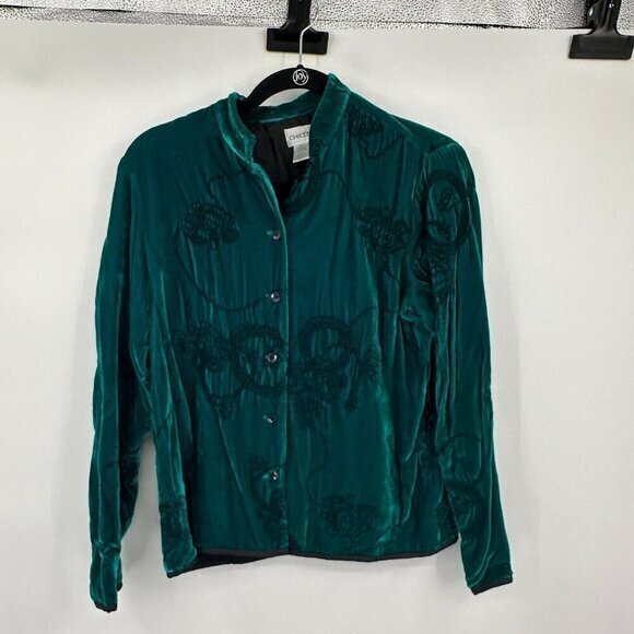Chicos Womens Shirt XS Green Silk Blend Button Front Embroidered Classic Preppy - Picture 1 of 10